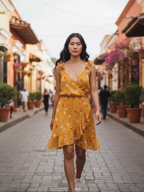 Lauren Conrad Womens L Yellow Floral Ruffle Wrap Dress Cottagecore Fairy Flowy